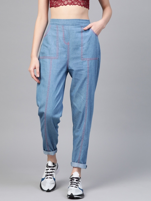

SASSAFRAS Women Blue Tapered Fit Solid Regular Chambray Trousers