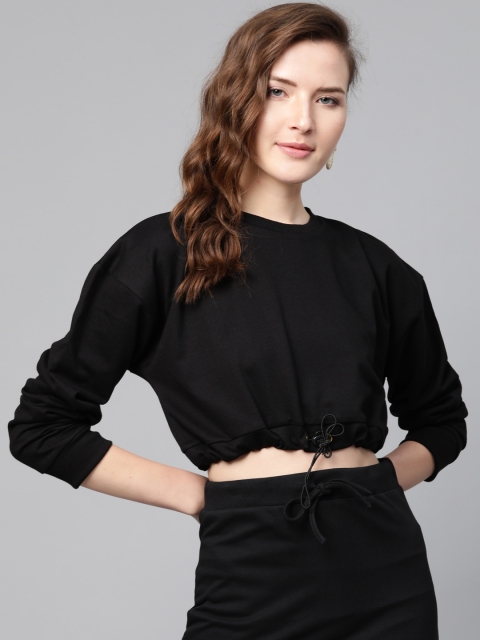 

SASSAFRAS Women Black Solid Drawstring Crop Sweatshirt