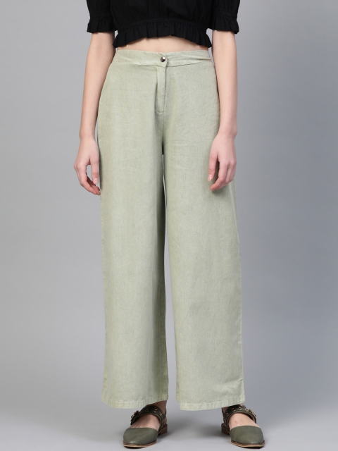 

SASSAFRAS Women Green Regular Fit Solid Denim Parallel Trousers