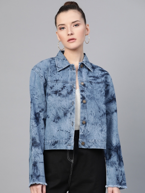 

SASSAFRAS Women Blue Acid Wash Tie-Dyed Denim Jacket