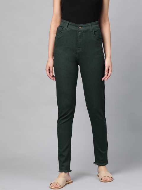 

SASSAFRAS Women Green Slim Fit Mid-Rise Clean Look Stretchable Raw Edge Jeans