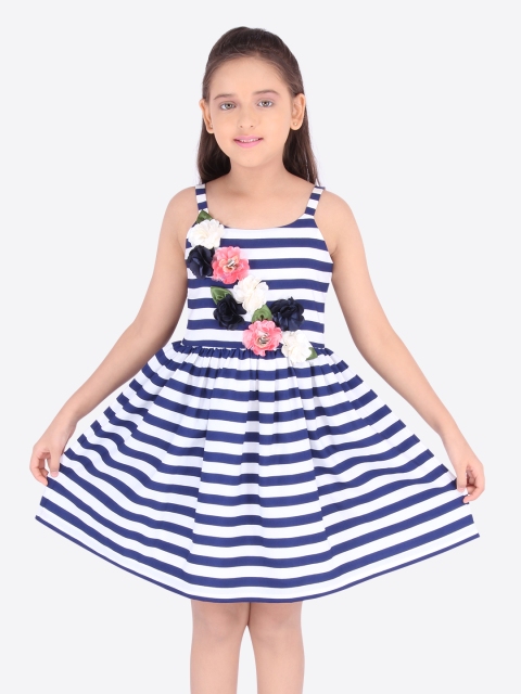 

CUTECUMBER Girls Navy Blue & White Striped Appliqued Fit and Flare Dress