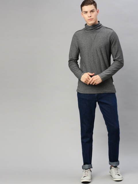 

WROGN Men Grey Melange Slim Fit Solid Turtle Neck T-shirt