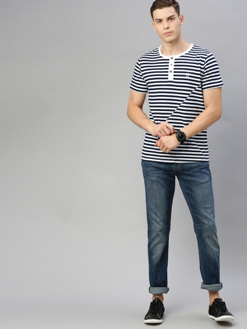 

WROGN Men Navy Blue White Slim Fit Striped Henley Neck Pure Cotton T-shirt