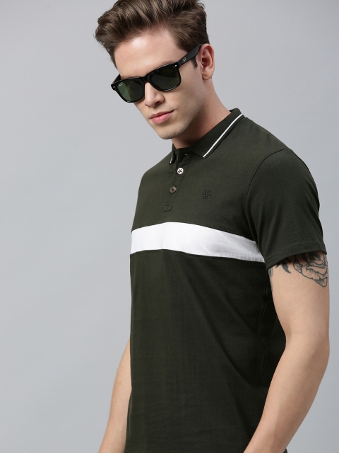 

WROGN Men Olive Green White Striped Slim Fit Polo Collar Pure Cotton T-shirt