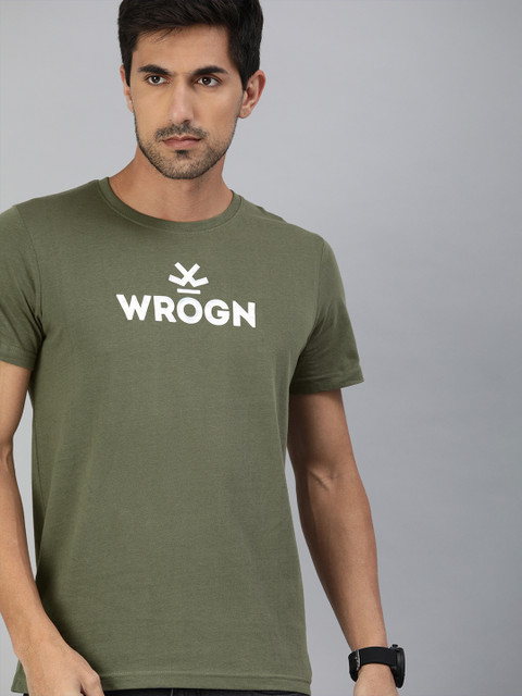 

WROGN Men Olive Green Printed Slim Fit Round Neck T-shirt