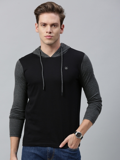 

WROGN Men Black Slim Fit Solid Hood Pure Cotton T-shirt
