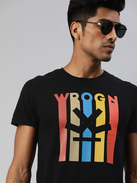 

WROGN Men Black Printed Round Neck T-shirt