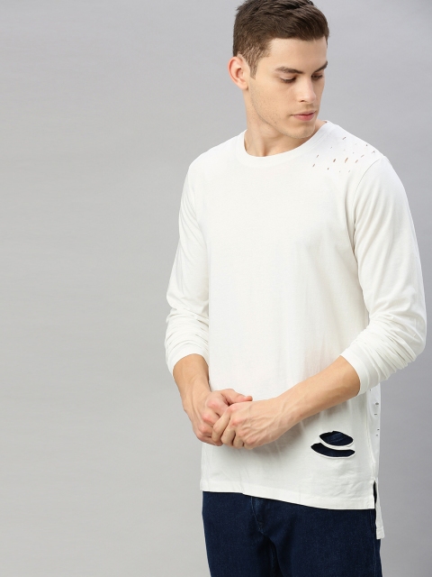

WROGN Men White Solid Distressed Round Neck T-shirt with High-Low Hem