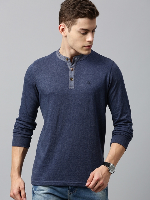 

WROGN Men Navy Blue Slim Fit Solid Mandarin Collar T-shirt