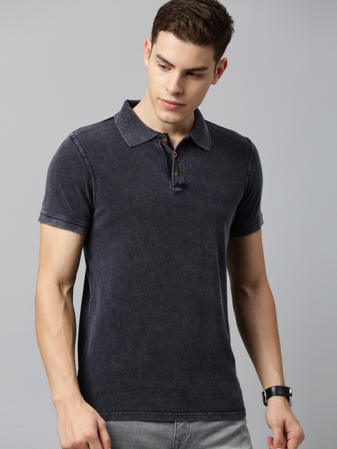 

WROGN Men Navy Blue Solid Slim Fit Polo Collar Acid Washed T-shirt