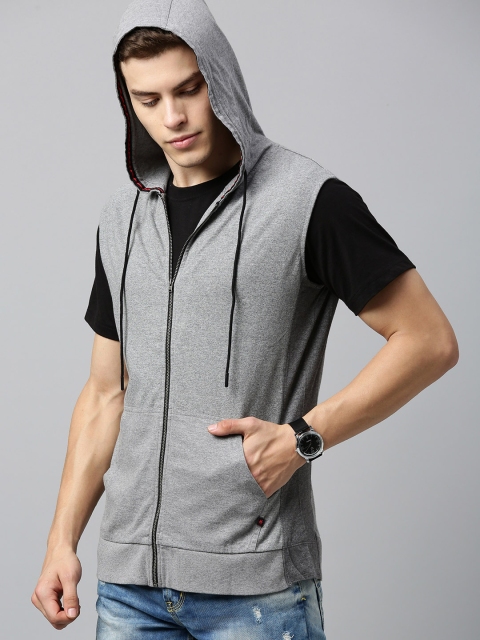 

WROGN Men Grey Solid Hood Sweatshirt