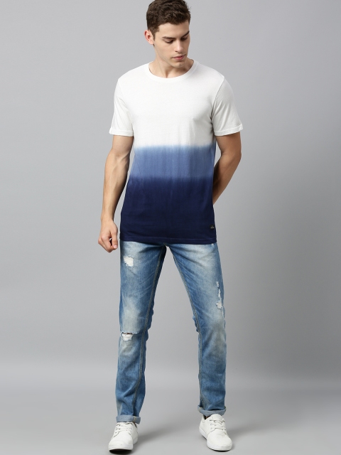 

WROGN Men White & Navy Blue Slim Fit Dyed Ombre Round Neck T-shirt
