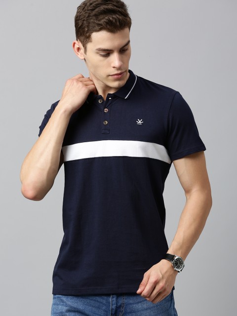 

WROGN Men Navy Blue White Slim Fit Striped Polo Collar Pure Cotton T-shirt