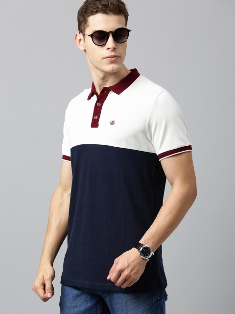 

WROGN Men Navy Blue & White Colourblocked Slim Fit Polo Collar T-shirt