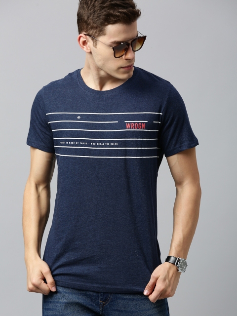 

WROGN Men Navy Blue Striped Round Neck T-shirt