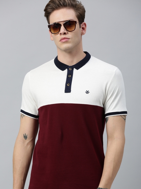

WROGN Men Maroon White Colourblocked Slim Fit Polo Collar Pure Cotton T-shirt