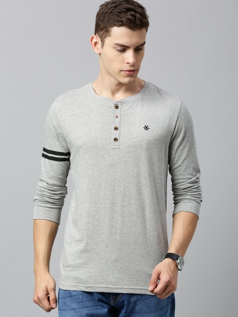 

WROGN Men Grey Melange Solid Henley Neck T-shirt