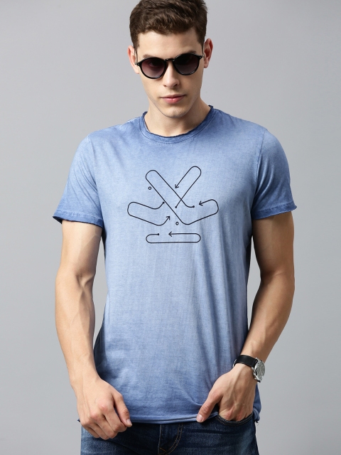 

WROGN Men Blue Printed Slim Fit Round Neck T-shirt