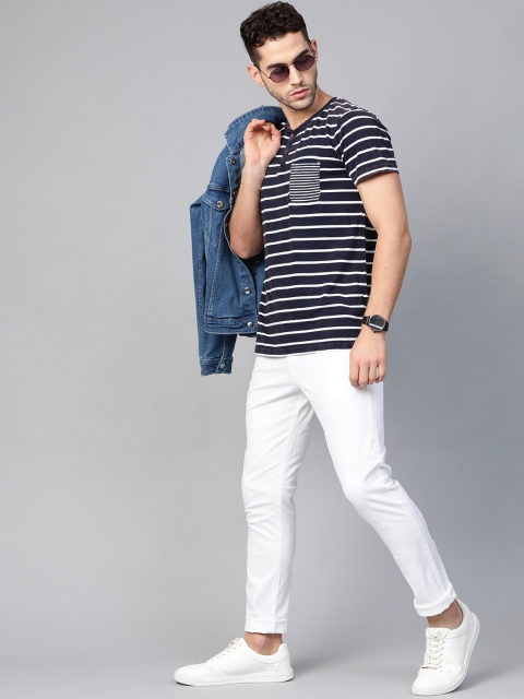

WROGN Men Navy Blue & White Slim Fit Striped Henley Neck T-shirt