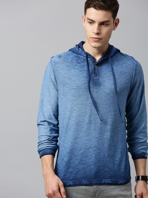 

WROGN Men Blue Dyed Slim Fit Hood Acid Washed T-shirt