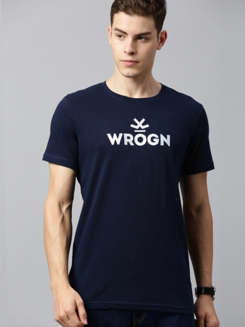

WROGN Men Navy Blue Slim Fit Printed Round Neck T-shirt