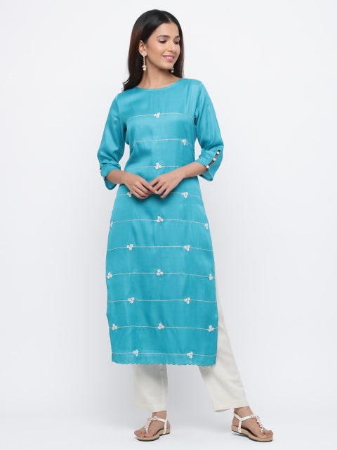 

Jaipur Kurti Women Blue & White Solid Kurta with Trousers
