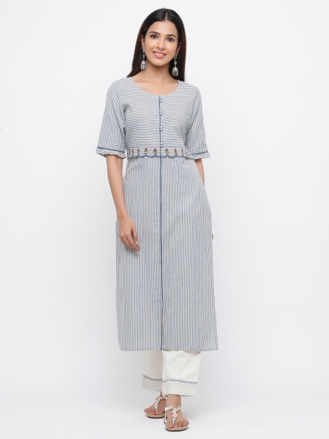 

Jaipur Kurti Women Blue & White Striped Kurta with Trousers