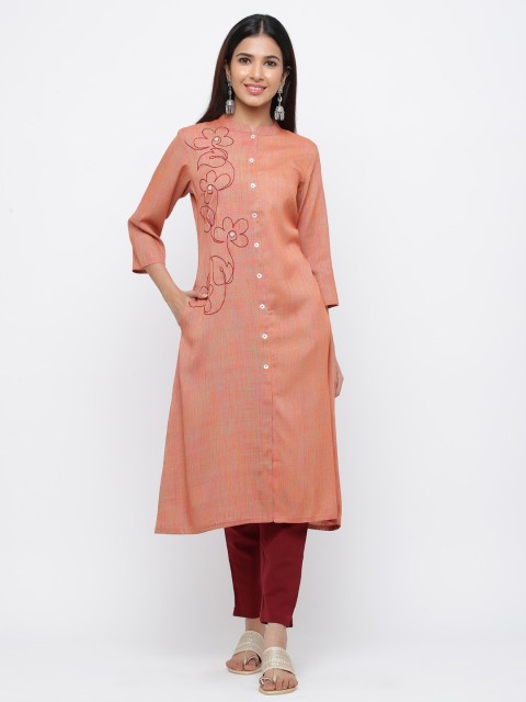 

Jaipur Kurti Women Peach-Coloured & Maroon Self Design Kurta with Trousers