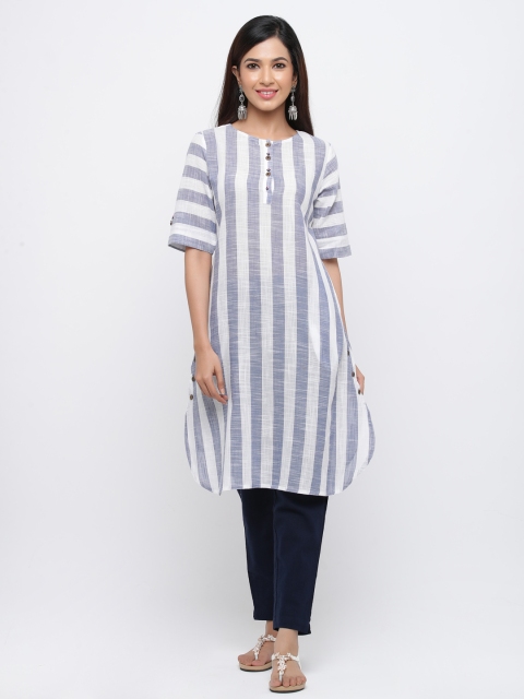 

Jaipur Kurti Women Navy Blue & White Striped Kurta with Trousers