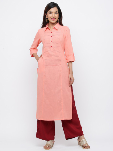 

Jaipur Kurti Women Peach-Coloured & Maroon Solid Kurta with Palazzos