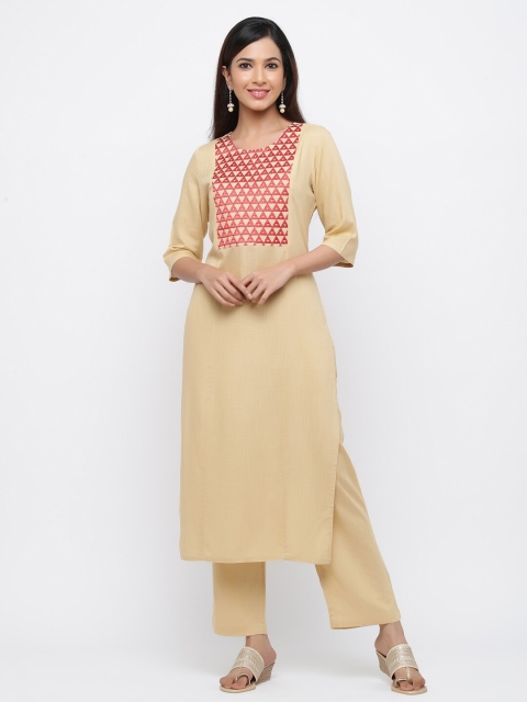 

Jaipur Kurti Women Beige & Red Yoke Design Kurta with Palazzos