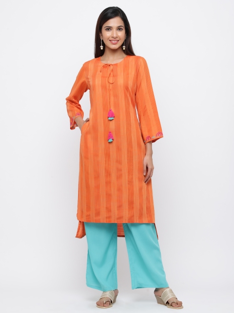 

Jaipur Kurti Women Orange & Turquoise Blue Self Design Kurta with Palazzos