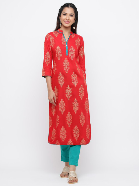 

Jaipur Kurti Women Red & Green Printed Kurta with Trousers