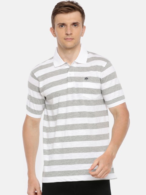 

Chennis Men Grey & White Striped Polo Collar T-shirt