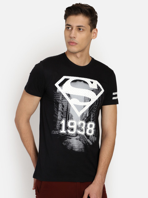 

Free Authority Men Black & White Superman Printed Round Neck T-shirt