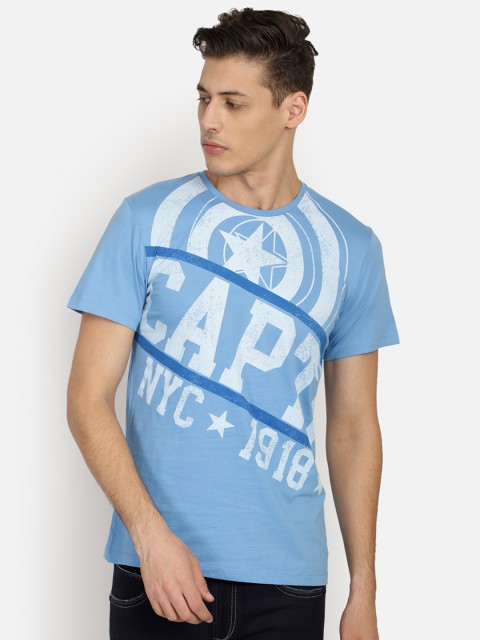 

Free Authority Men Blue Captain America Print Round Neck T-shirt