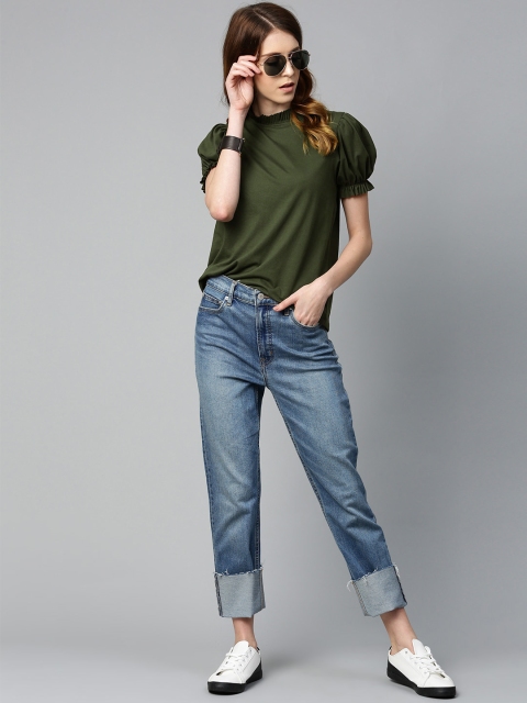 

Roadster Women Olive Green Solid Top with Ruffle Detail