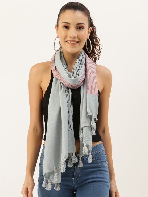 

Ayesha Women Grey Scarf with Double Colour Black & Red Striped Scarf and Tassels