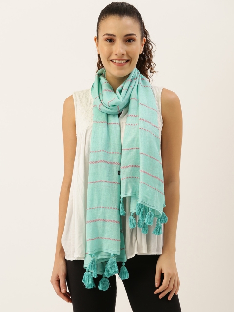 

Ayesha Women Green Striped Embroidered Scarf With Tassels