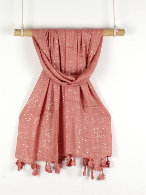 

Ayesha Women Peach-Coloured Self Design Scarf With Metallic Sequins & Tassels