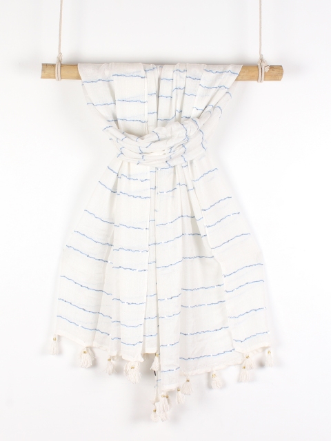 

Ayesha Women White & Navy Blue Striped Scarf With Sequins Detailing
