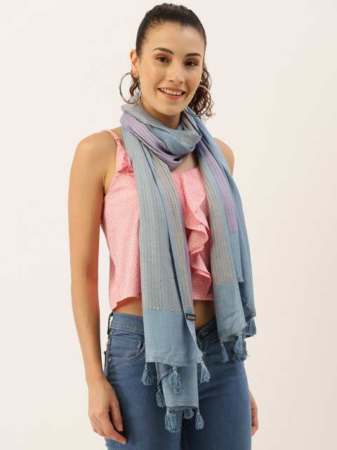 

Ayesha Women Grey & Blue Scarf with Dotted Double Colour Strips and Tassels, Teal