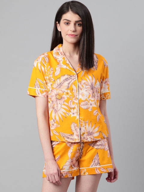 

Marks & Spencer Women Mustard Yellow & Beige Tropical Printed Night suit