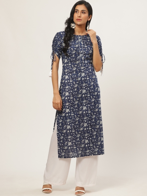 

Nayo Women Navy Blue & White Floral Printed Straight Kurta