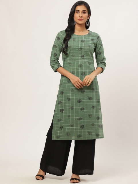 

Nayo Women Green & White Checked Straight Kurta