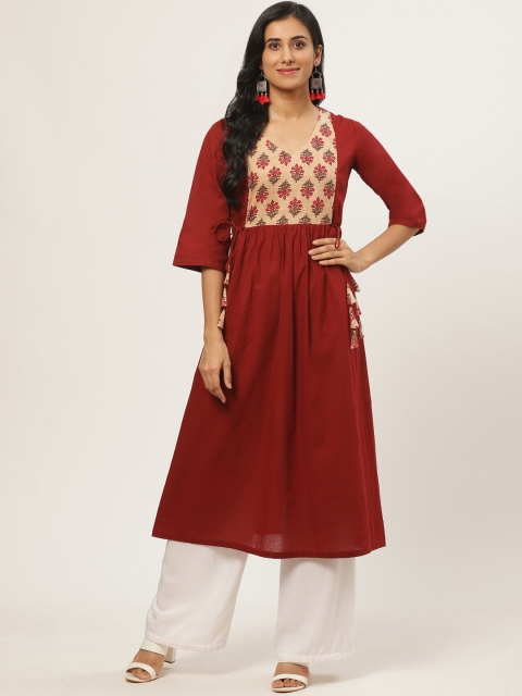 

Nayo Women Maroon & Beige Yoke Design A-Line Kurta