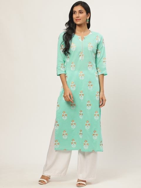 

Nayo Women Blue & Golden Foil Printed Straight Kurta