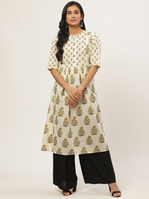 

Nayo Women Off-White & Mustard Yellow Printed A-Line Kurta
