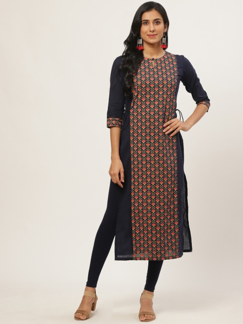 

Nayo Women Navy Blue & Pink Printed Straight Kurta